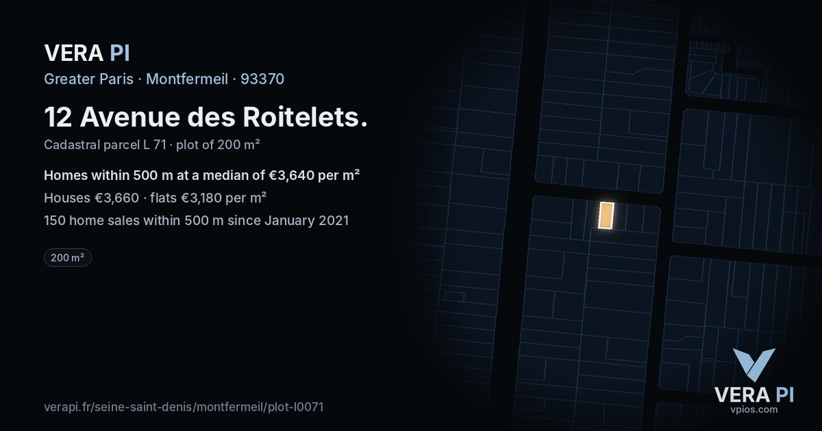 12 Avenue des Roitelets, Montfermeil at night – the plot lit, the parcels around coloured by the prices near them