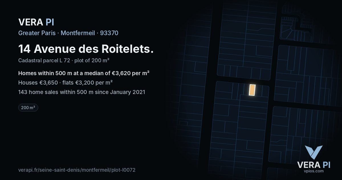 14 Avenue des Roitelets, Montfermeil at night – the plot lit, the parcels around coloured by the prices near them