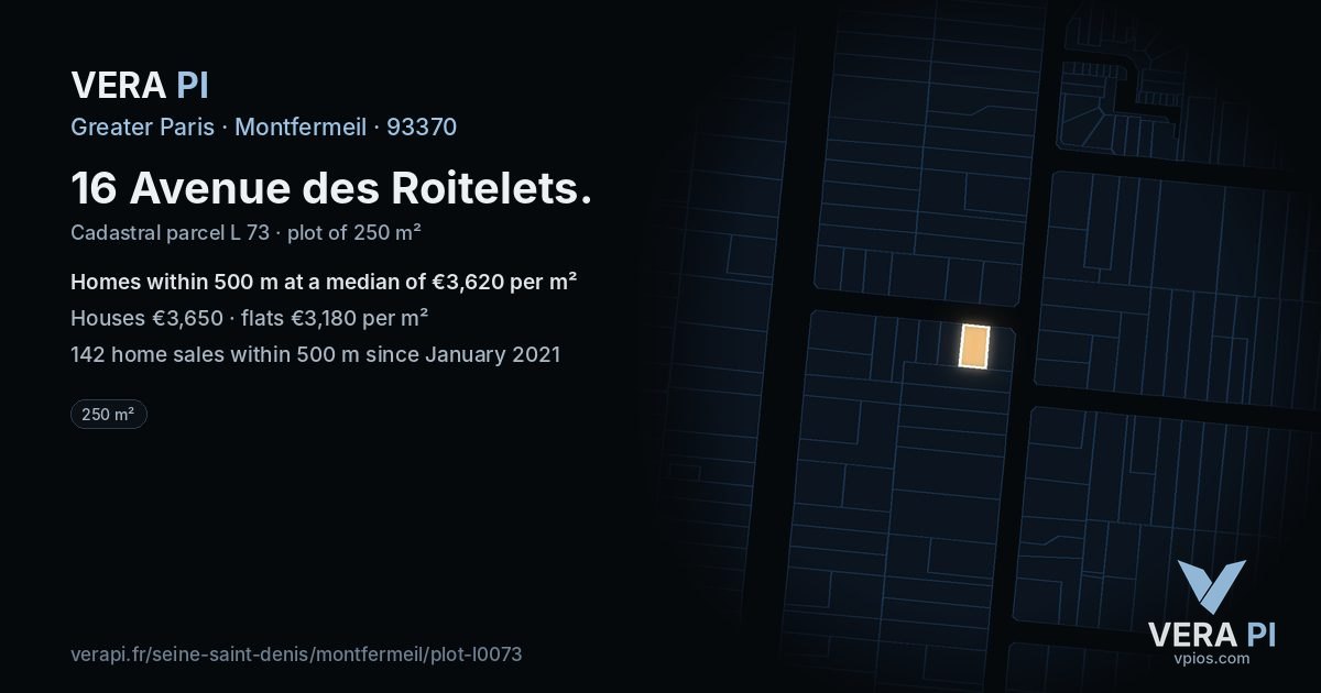 16 Avenue des Roitelets, Montfermeil at night – the plot lit, the parcels around coloured by the prices near them