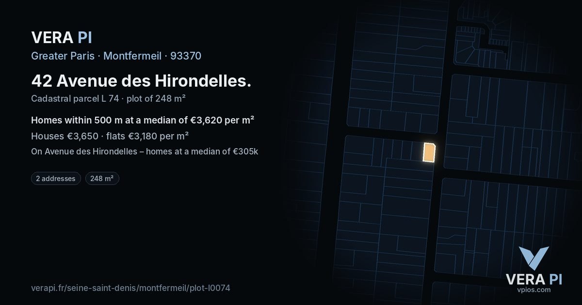 42 Avenue des Hirondelles, Montfermeil at night – the plot lit, the parcels around coloured by the prices near them