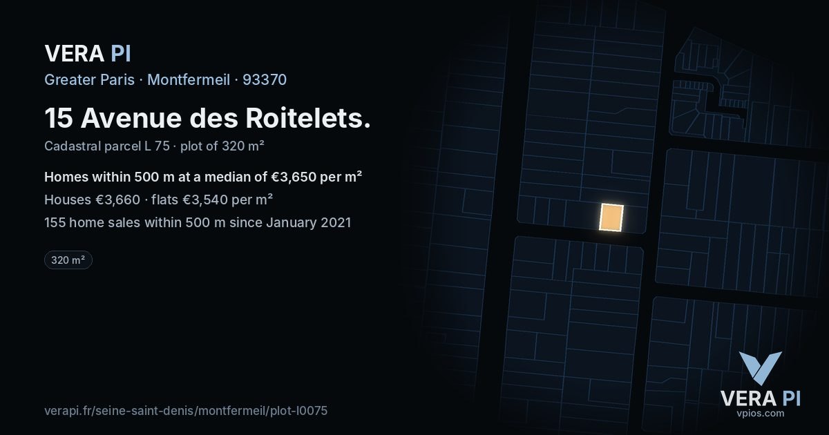 15 Avenue des Roitelets, Montfermeil at night – the plot lit, the parcels around coloured by the prices near them