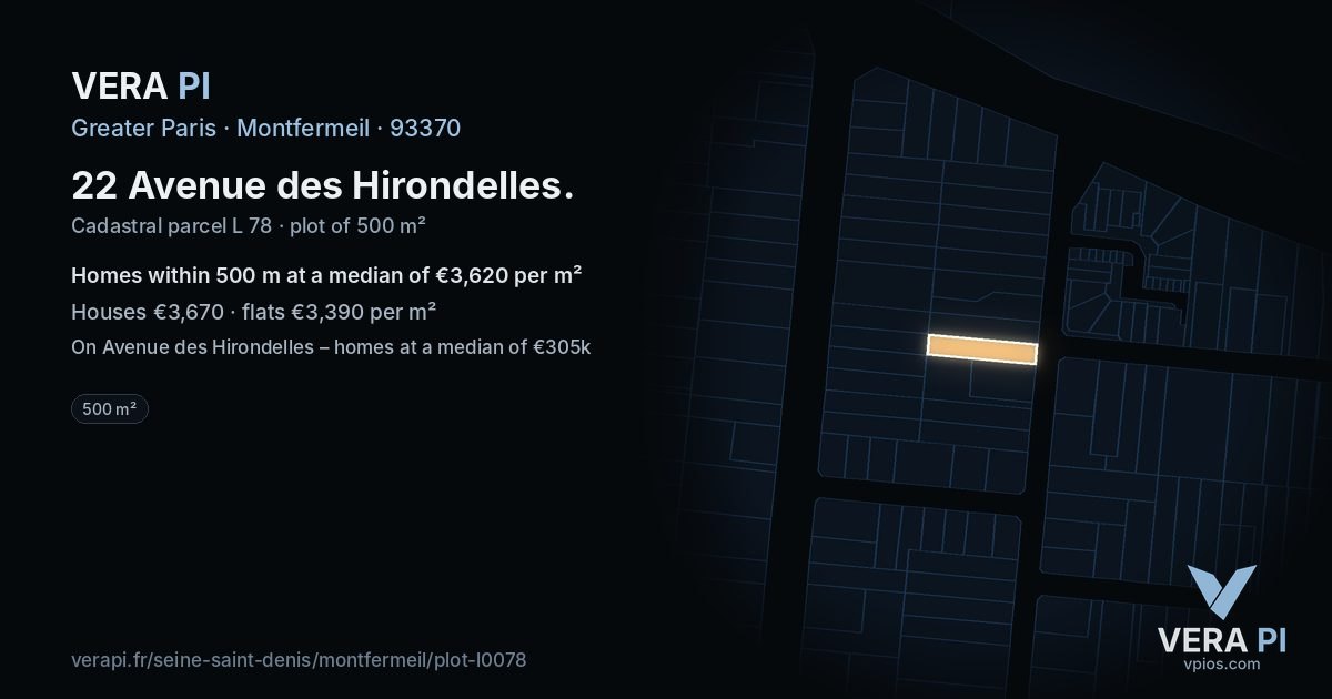 22 Avenue des Hirondelles, Montfermeil at night – the plot lit, the parcels around coloured by the prices near them