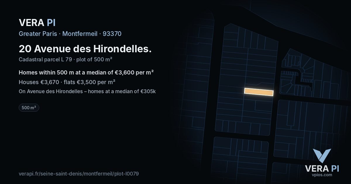 20 Avenue des Hirondelles, Montfermeil at night – the plot lit, the parcels around coloured by the prices near them