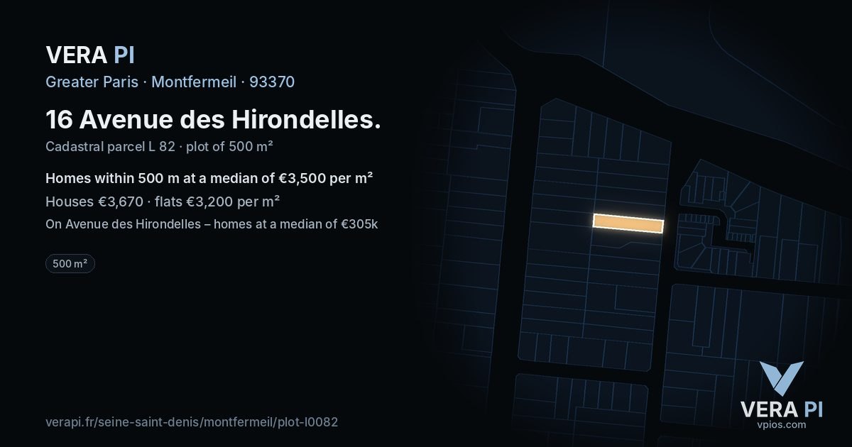 16 Avenue des Hirondelles, Montfermeil at night – the plot lit, the parcels around coloured by the prices near them