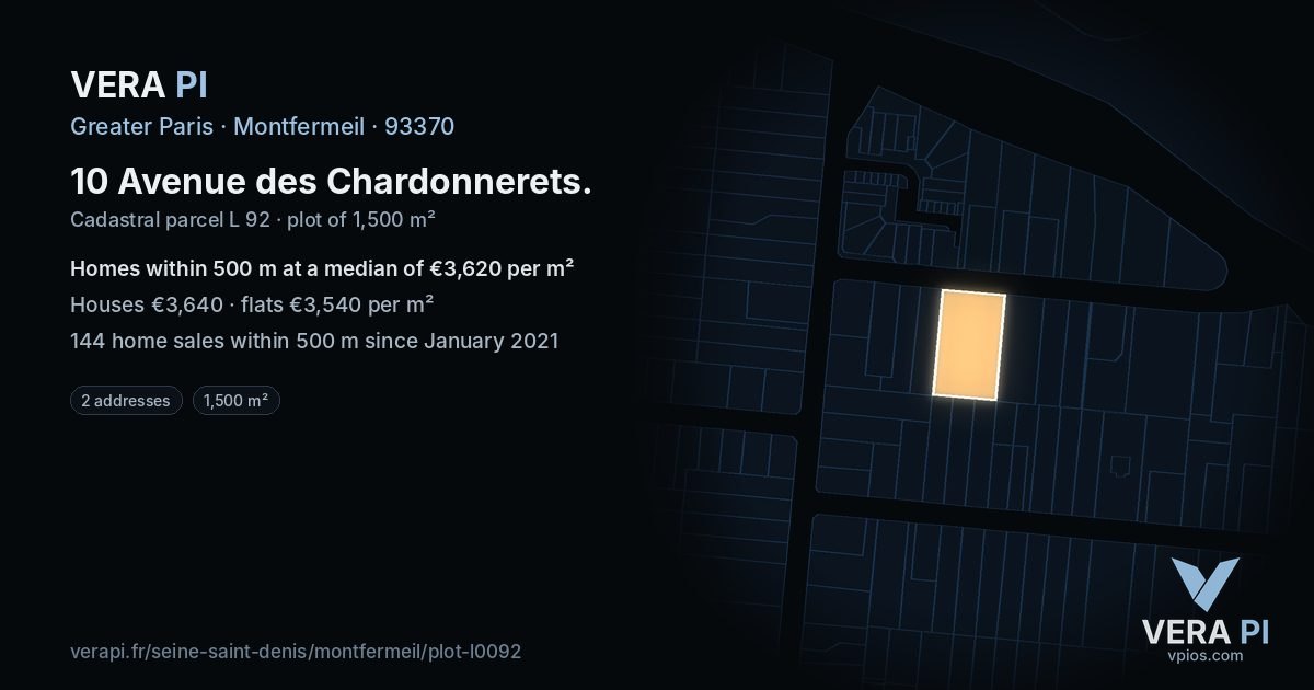 10 Avenue des Chardonnerets, Montfermeil at night – the plot lit, the parcels around coloured by the prices near them