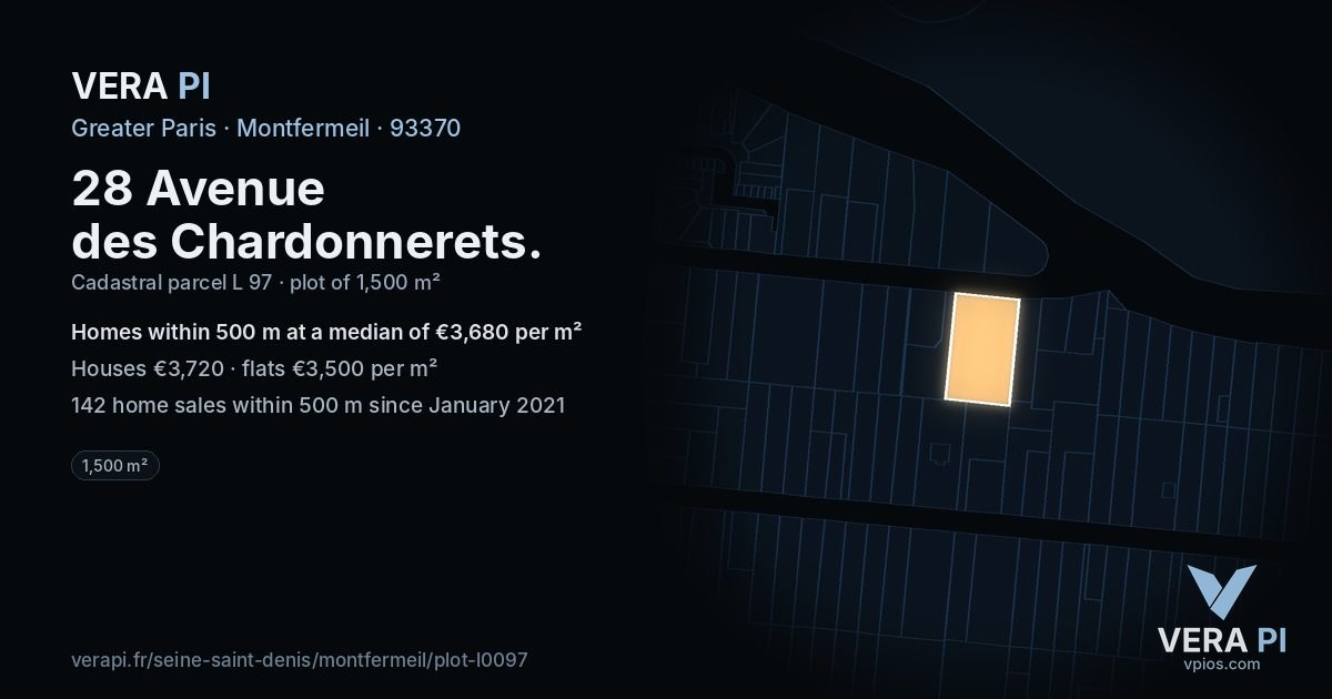 28 Avenue des Chardonnerets, Montfermeil at night – the plot lit, the parcels around coloured by the prices near them