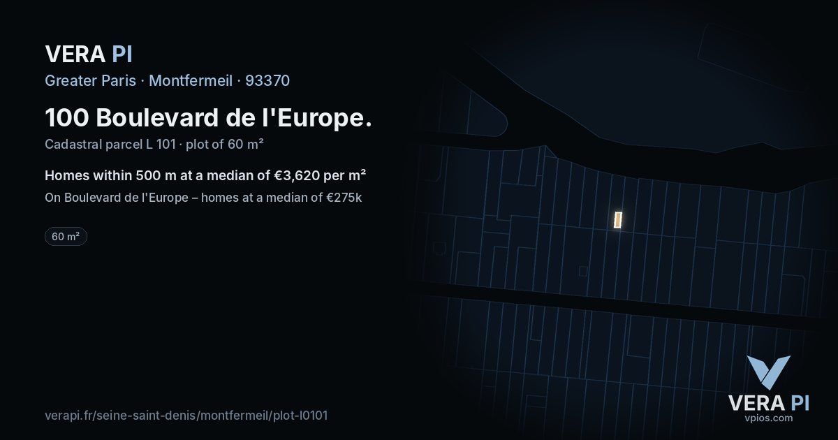 100 Boulevard de l'Europe, Montfermeil at night – the plot lit, the parcels around coloured by the prices near them