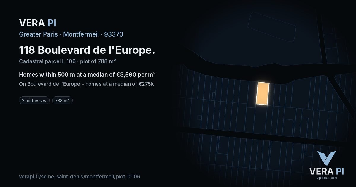 118 Boulevard de l'Europe, Montfermeil at night – the plot lit, the parcels around coloured by the prices near them