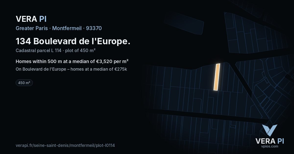 134 Boulevard de l'Europe, Montfermeil at night – the plot lit, the parcels around coloured by the prices near them