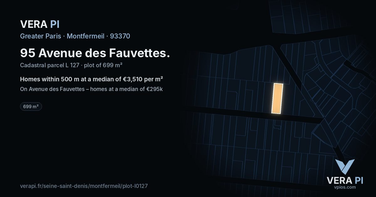 95 Avenue des Fauvettes, Montfermeil at night – the plot lit, the parcels around coloured by the prices near them