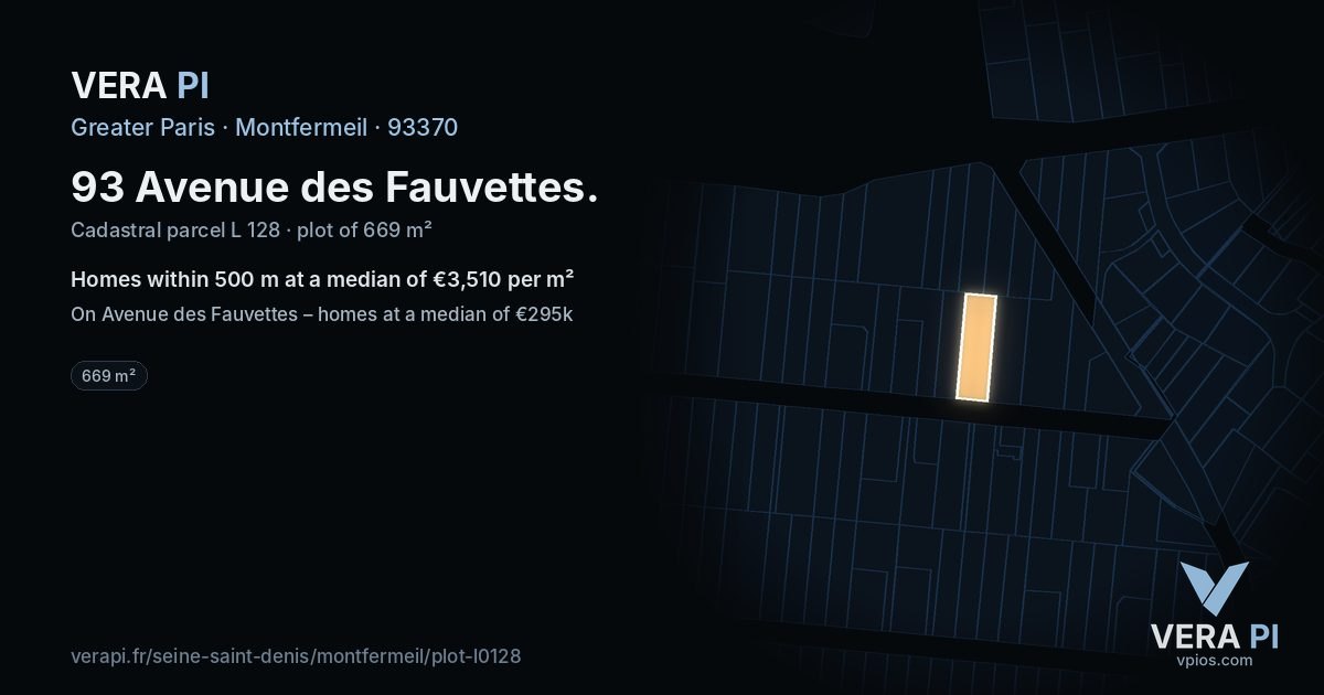 93 Avenue des Fauvettes, Montfermeil at night – the plot lit, the parcels around coloured by the prices near them