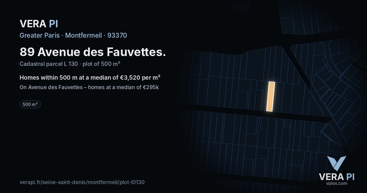 89 Avenue des Fauvettes, Montfermeil at night – the plot lit, the parcels around coloured by the prices near them