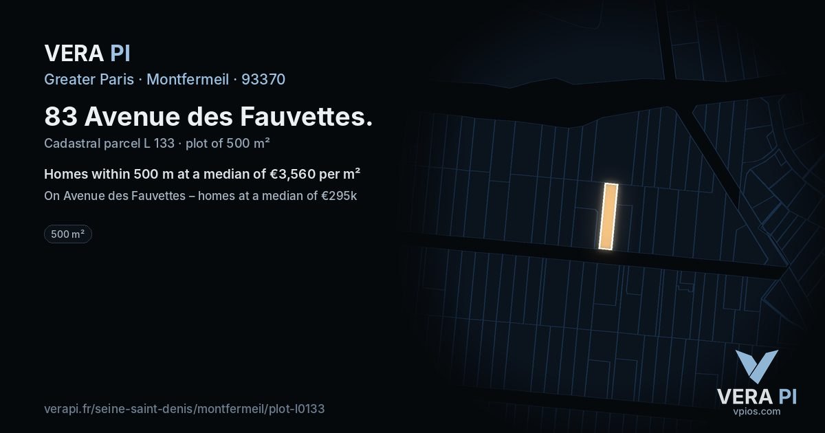 83 Avenue des Fauvettes, Montfermeil at night – the plot lit, the parcels around coloured by the prices near them