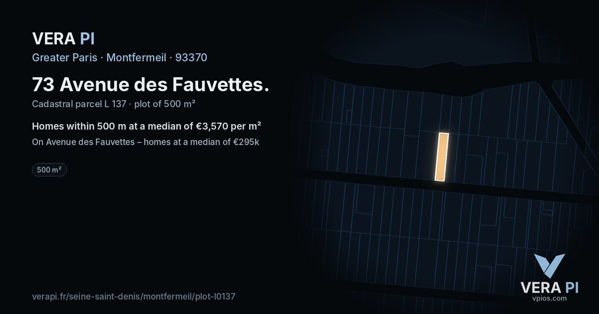 73 Avenue des Fauvettes, Montfermeil at night – the plot lit, the parcels around coloured by the prices near them