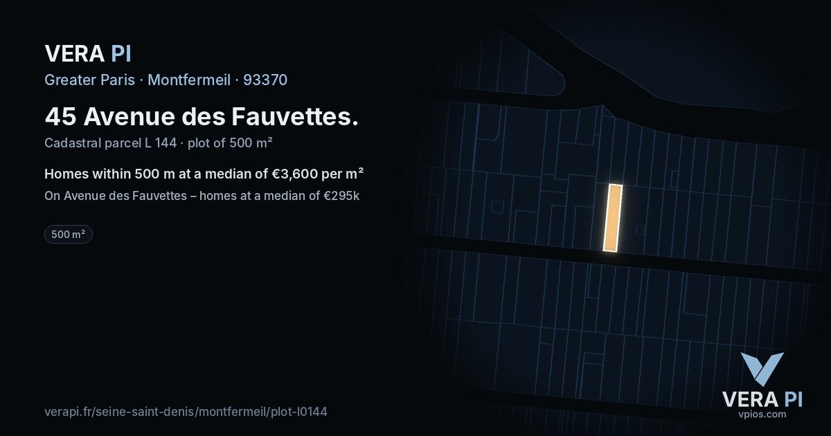 45 Avenue des Fauvettes, Montfermeil at night – the plot lit, the parcels around coloured by the prices near them