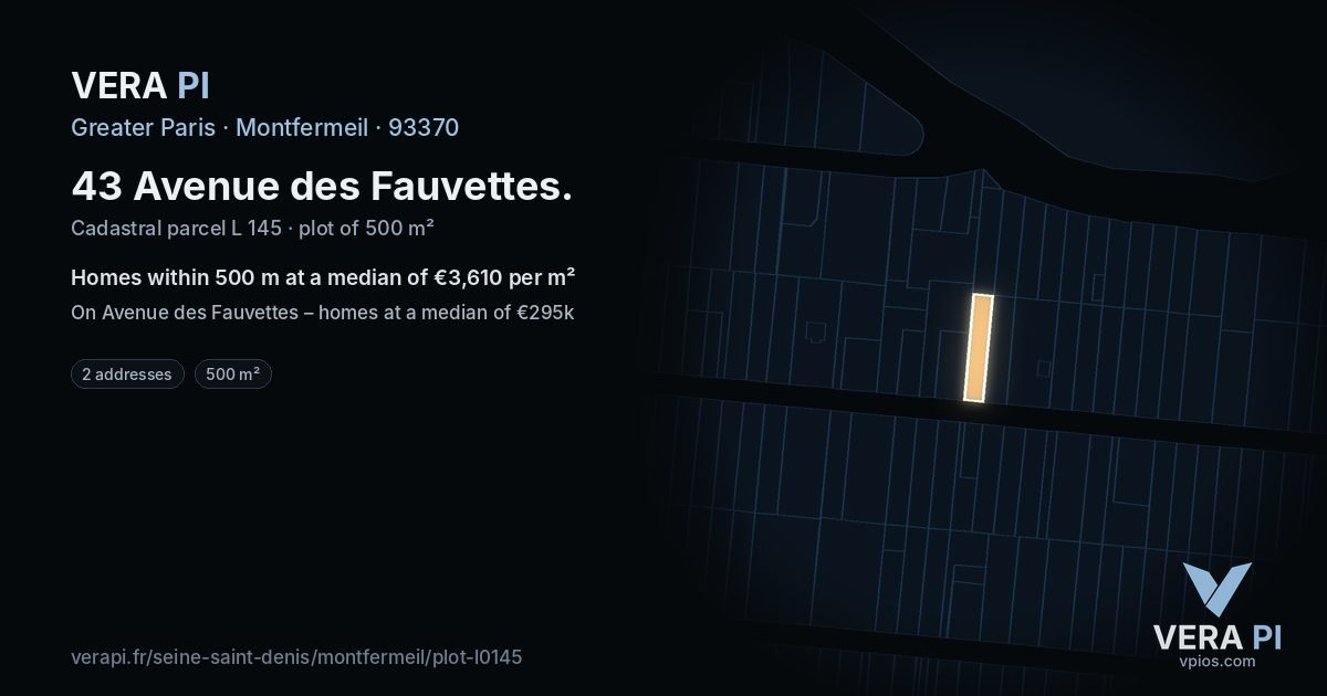43 Avenue des Fauvettes, Montfermeil at night – the plot lit, the parcels around coloured by the prices near them
