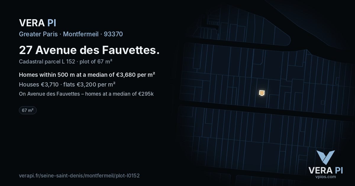 27 Avenue des Fauvettes, Montfermeil at night – the plot lit, the parcels around coloured by the prices near them