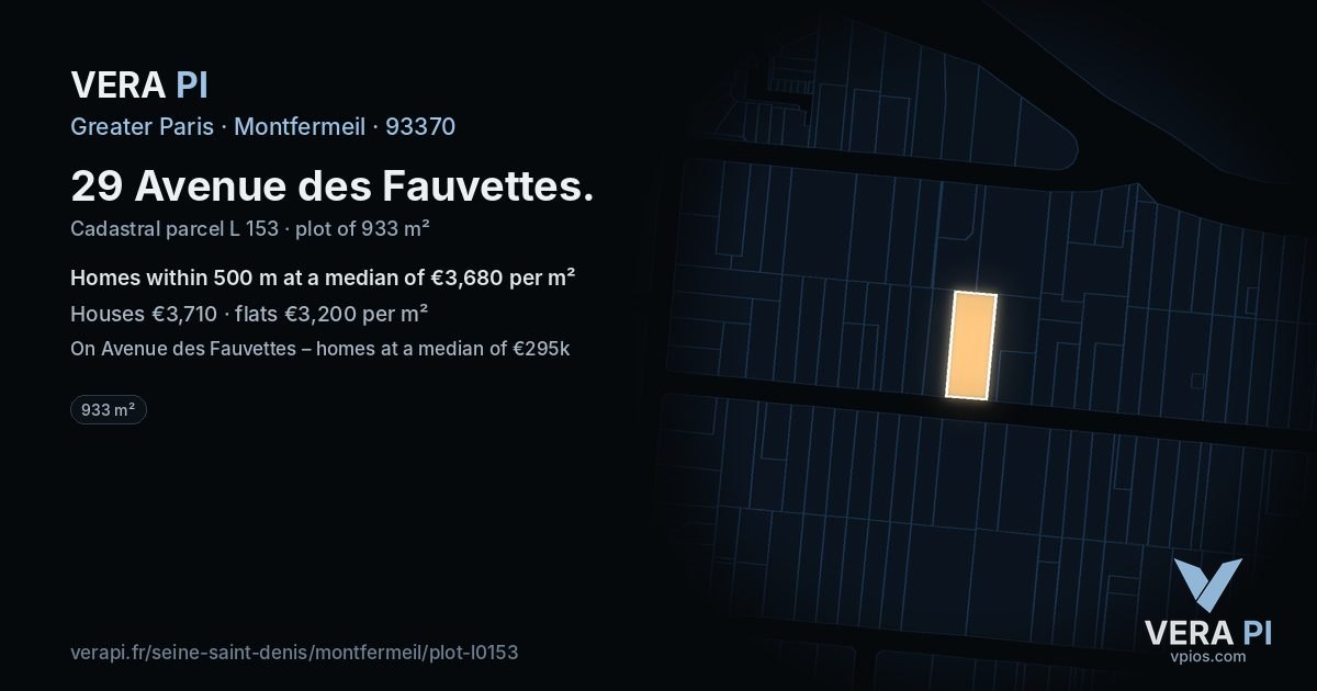 29 Avenue des Fauvettes, Montfermeil at night – the plot lit, the parcels around coloured by the prices near them