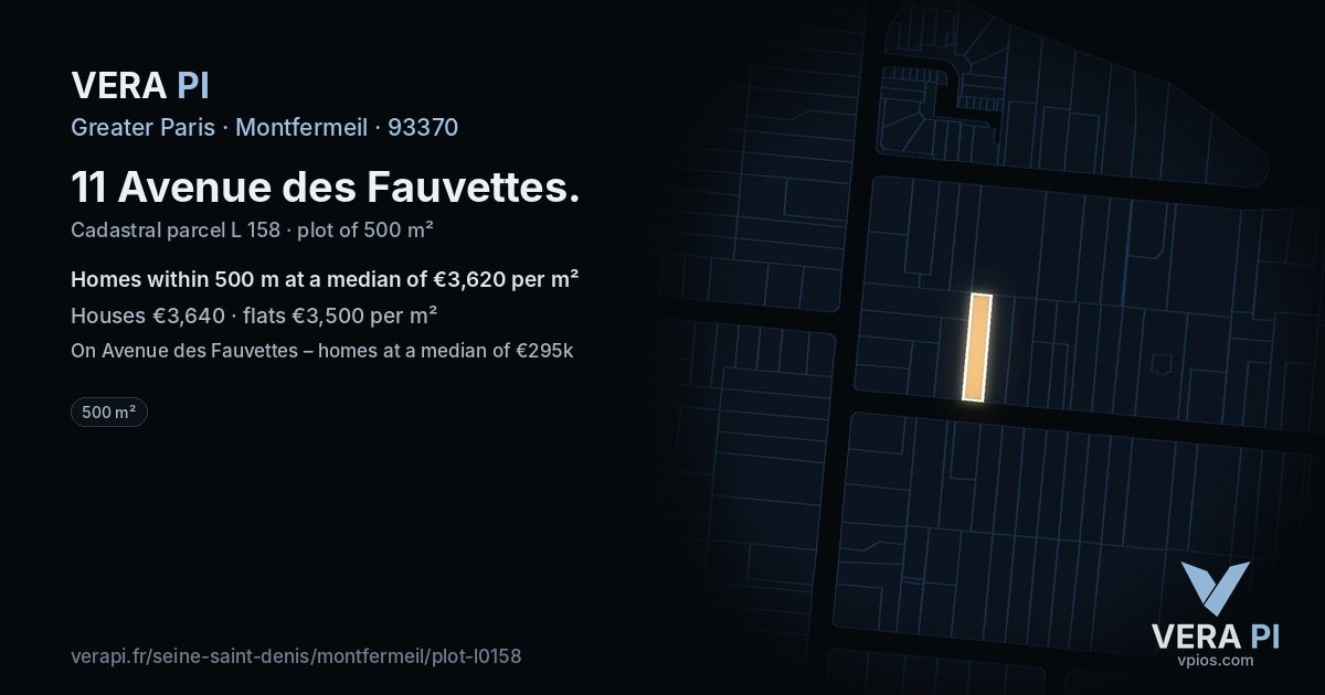 11 Avenue des Fauvettes, Montfermeil at night – the plot lit, the parcels around coloured by the prices near them