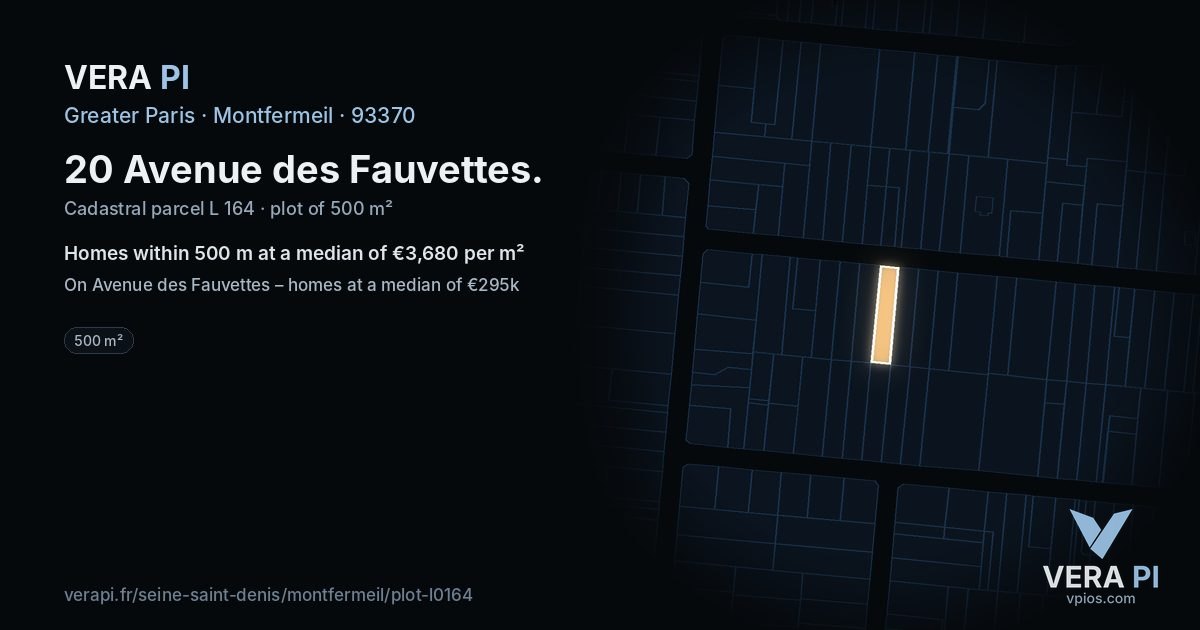 20 Avenue des Fauvettes, Montfermeil at night – the plot lit, the parcels around coloured by the prices near them