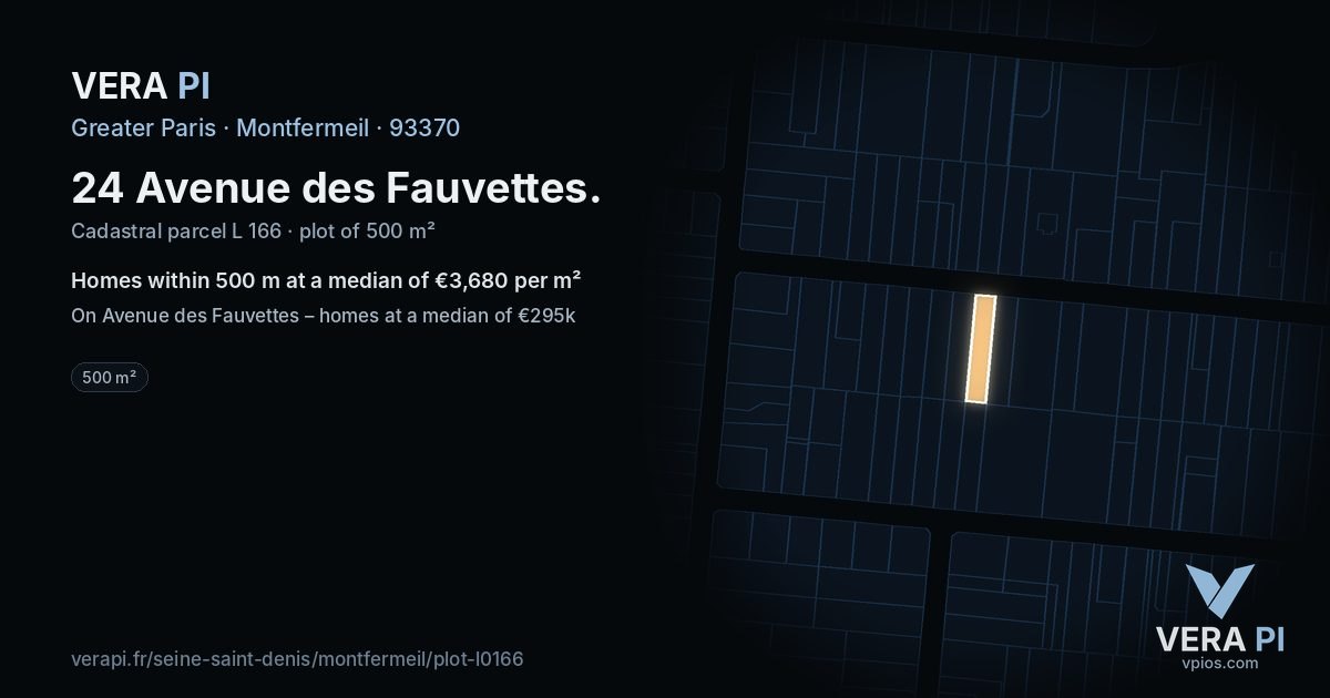 24 Avenue des Fauvettes, Montfermeil at night – the plot lit, the parcels around coloured by the prices near them