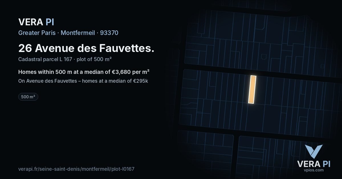 26 Avenue des Fauvettes, Montfermeil at night – the plot lit, the parcels around coloured by the prices near them