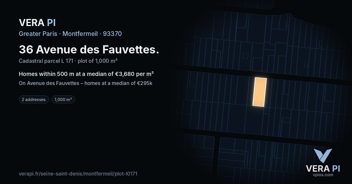 36 Avenue des Fauvettes, Montfermeil at night – the plot lit, the parcels around coloured by the prices near them