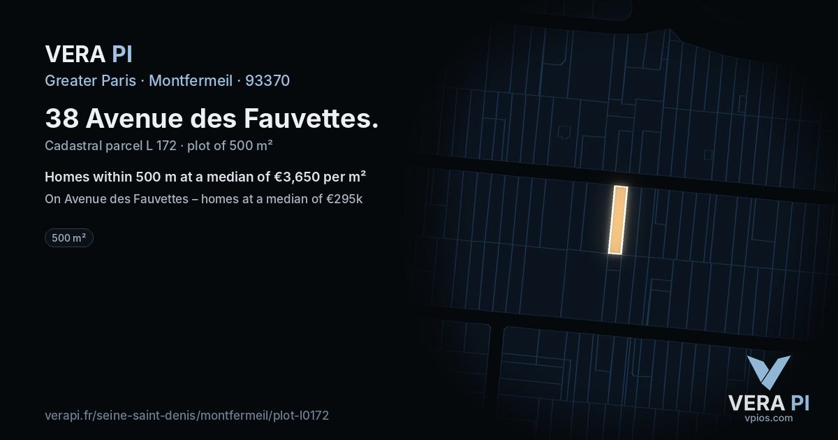 38 Avenue des Fauvettes, Montfermeil at night – the plot lit, the parcels around coloured by the prices near them