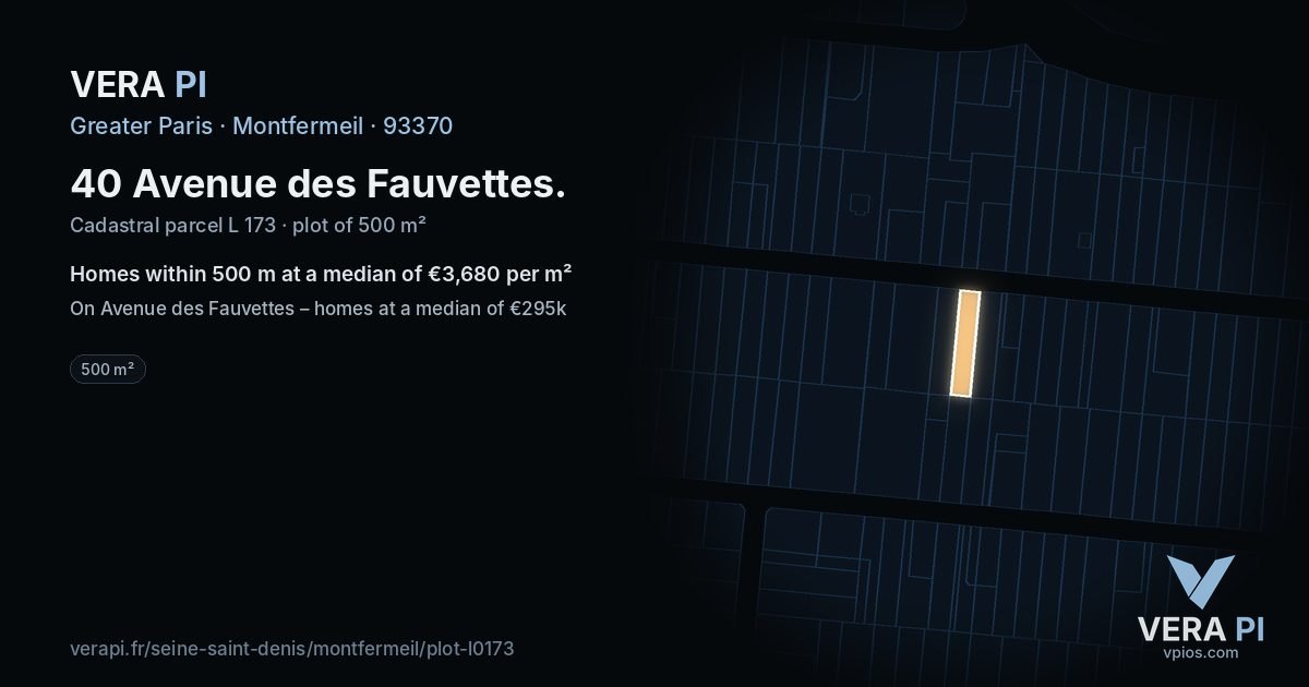 40 Avenue des Fauvettes, Montfermeil at night – the plot lit, the parcels around coloured by the prices near them