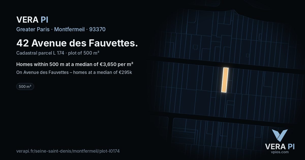 42 Avenue des Fauvettes, Montfermeil at night – the plot lit, the parcels around coloured by the prices near them