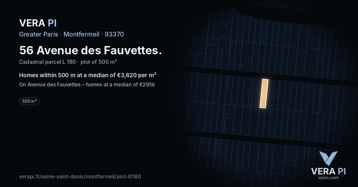 56 Avenue des Fauvettes, Montfermeil at night – the plot lit, the parcels around coloured by the prices near them