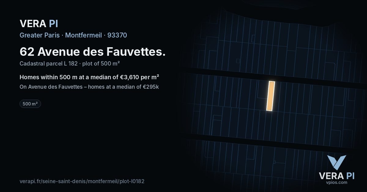 62 Avenue des Fauvettes, Montfermeil at night – the plot lit, the parcels around coloured by the prices near them
