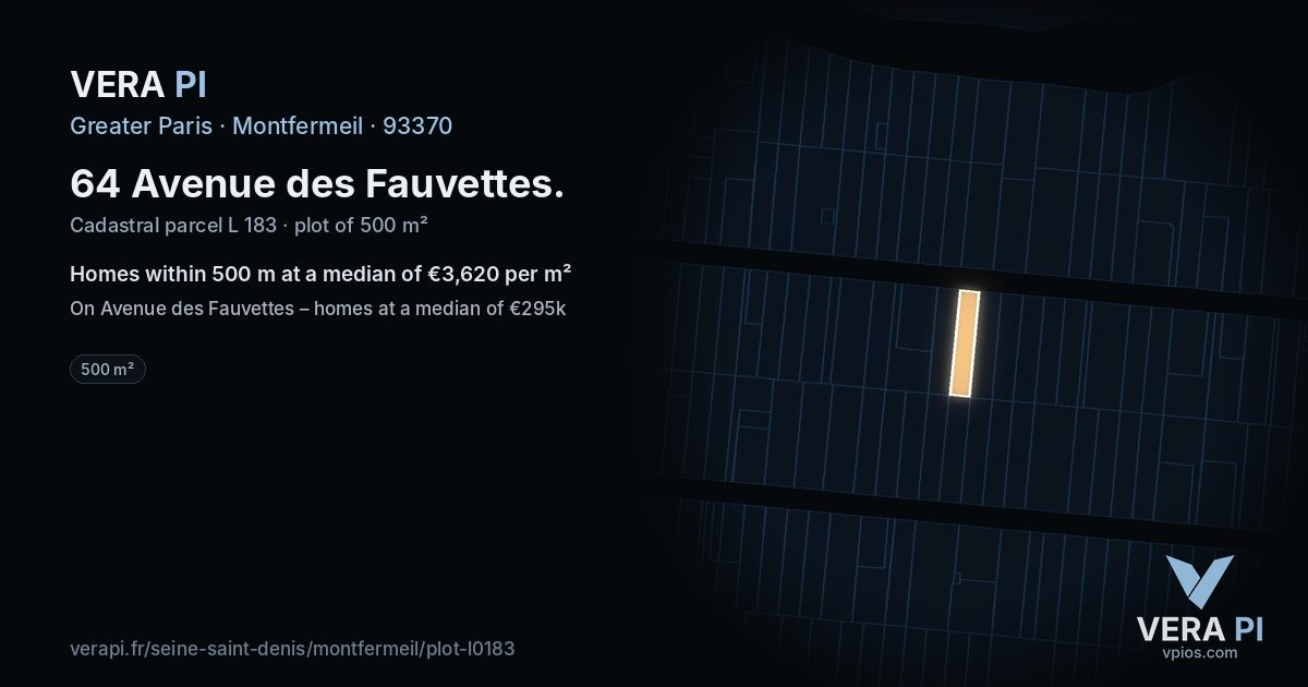 64 Avenue des Fauvettes, Montfermeil at night – the plot lit, the parcels around coloured by the prices near them