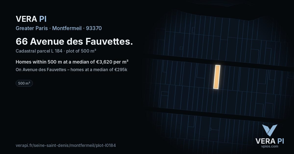 66 Avenue des Fauvettes, Montfermeil at night – the plot lit, the parcels around coloured by the prices near them