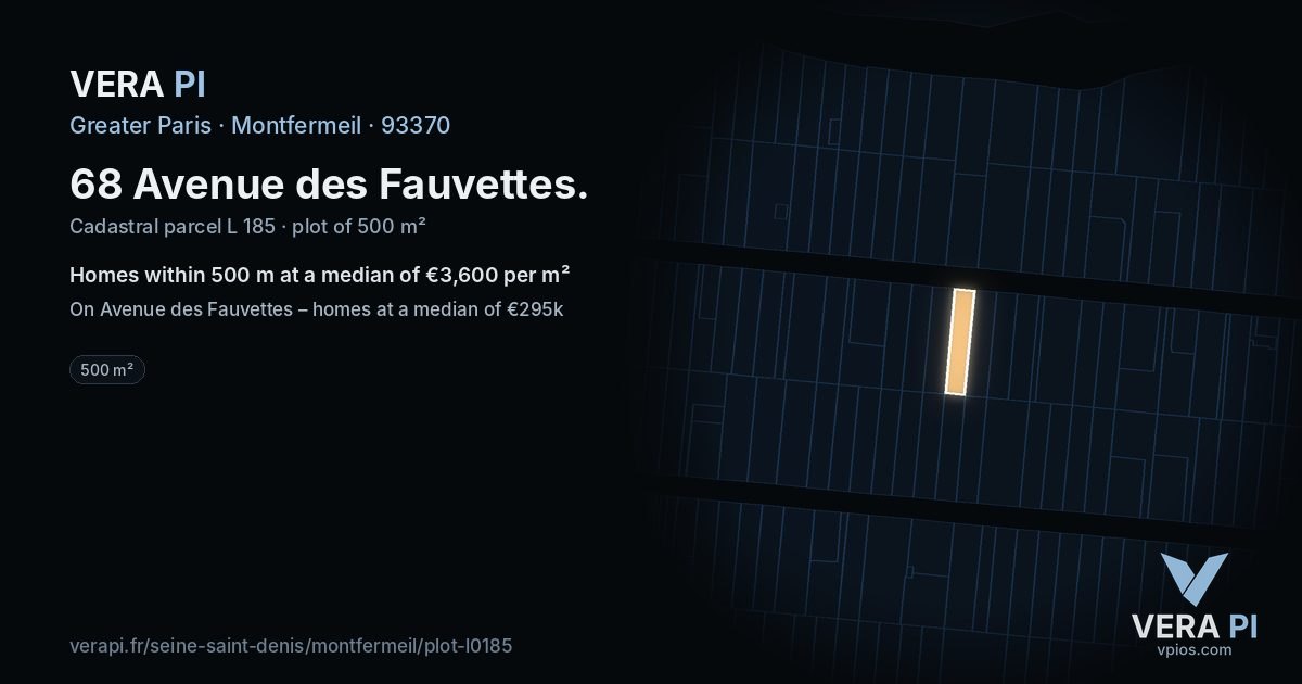 68 Avenue des Fauvettes, Montfermeil at night – the plot lit, the parcels around coloured by the prices near them