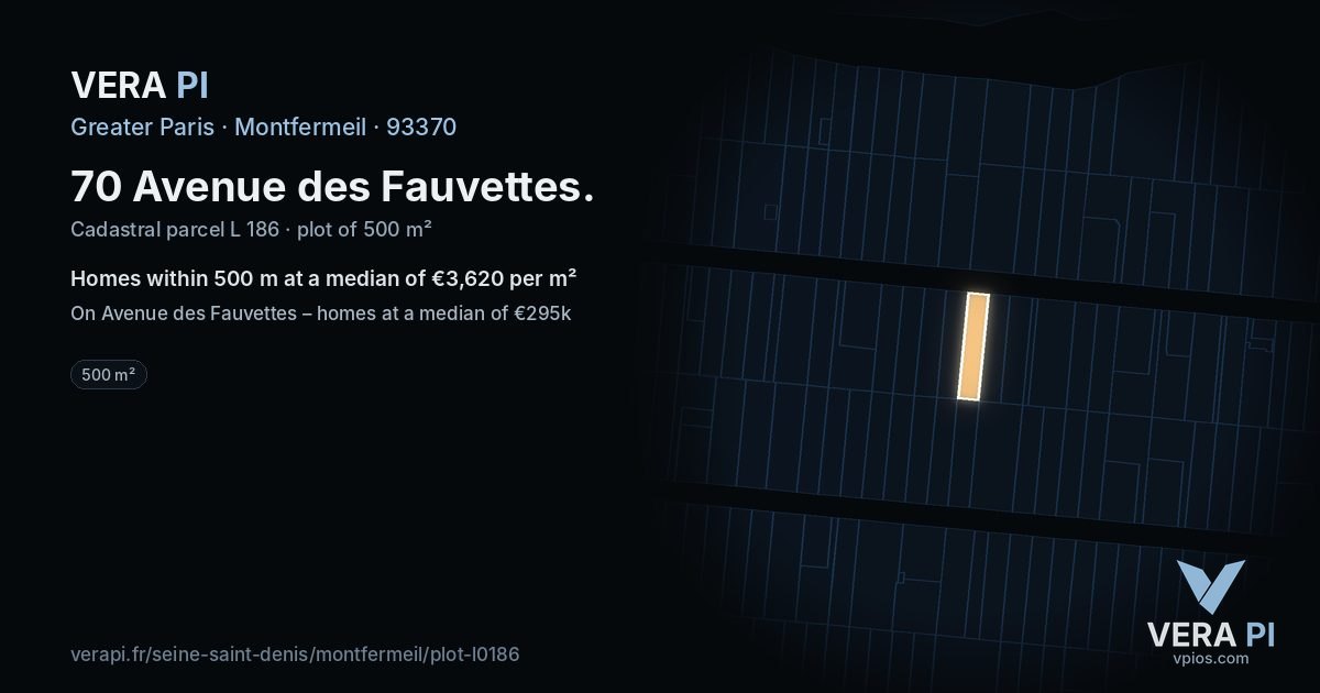 70 Avenue des Fauvettes, Montfermeil at night – the plot lit, the parcels around coloured by the prices near them