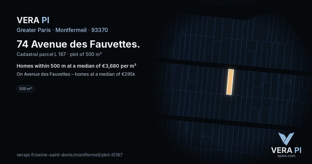 74 Avenue des Fauvettes, Montfermeil at night – the plot lit, the parcels around coloured by the prices near them