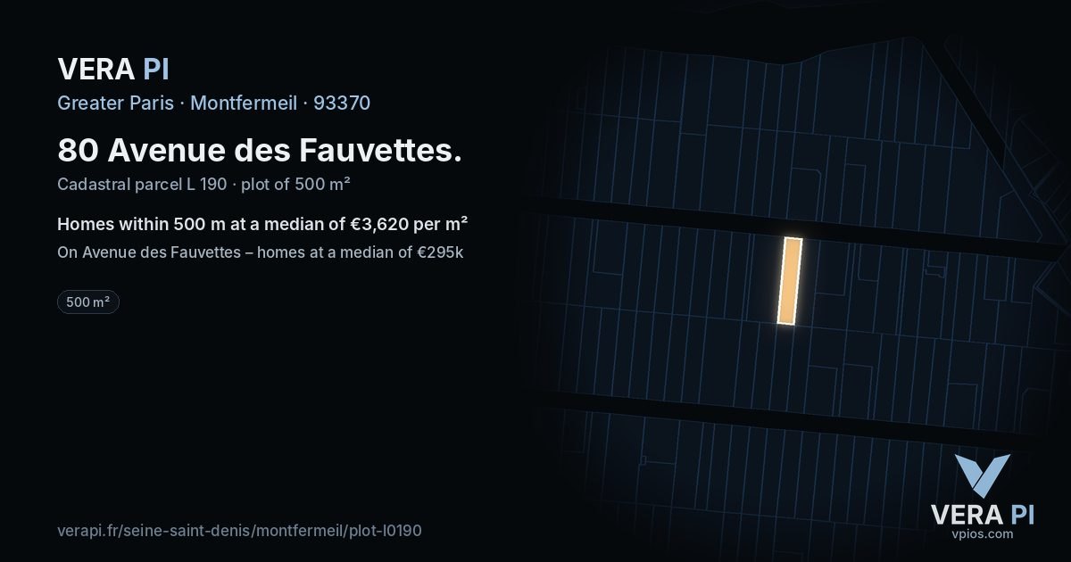 80 Avenue des Fauvettes, Montfermeil at night – the plot lit, the parcels around coloured by the prices near them