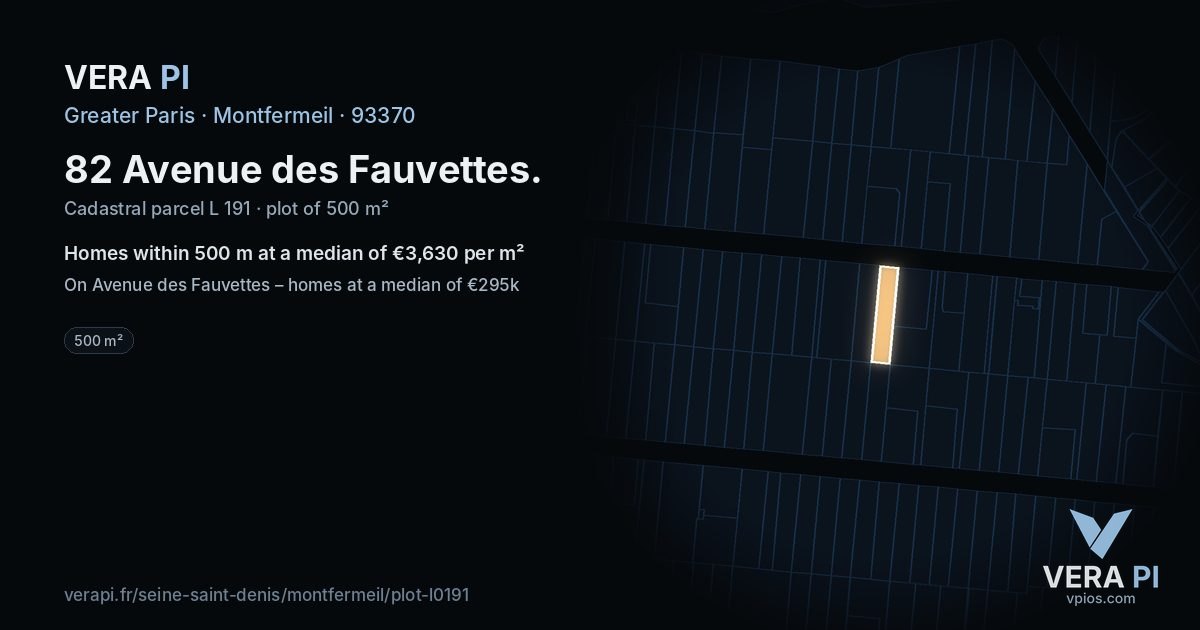 82 Avenue des Fauvettes, Montfermeil at night – the plot lit, the parcels around coloured by the prices near them