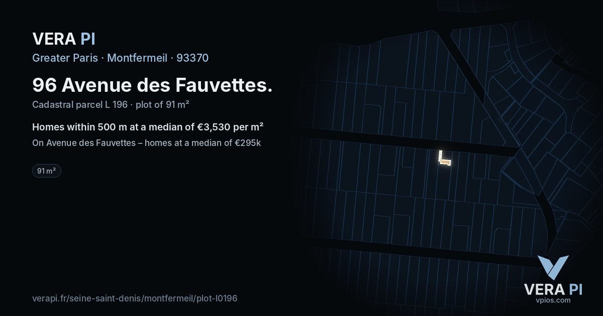 96 Avenue des Fauvettes, Montfermeil at night – the plot lit, the parcels around coloured by the prices near them