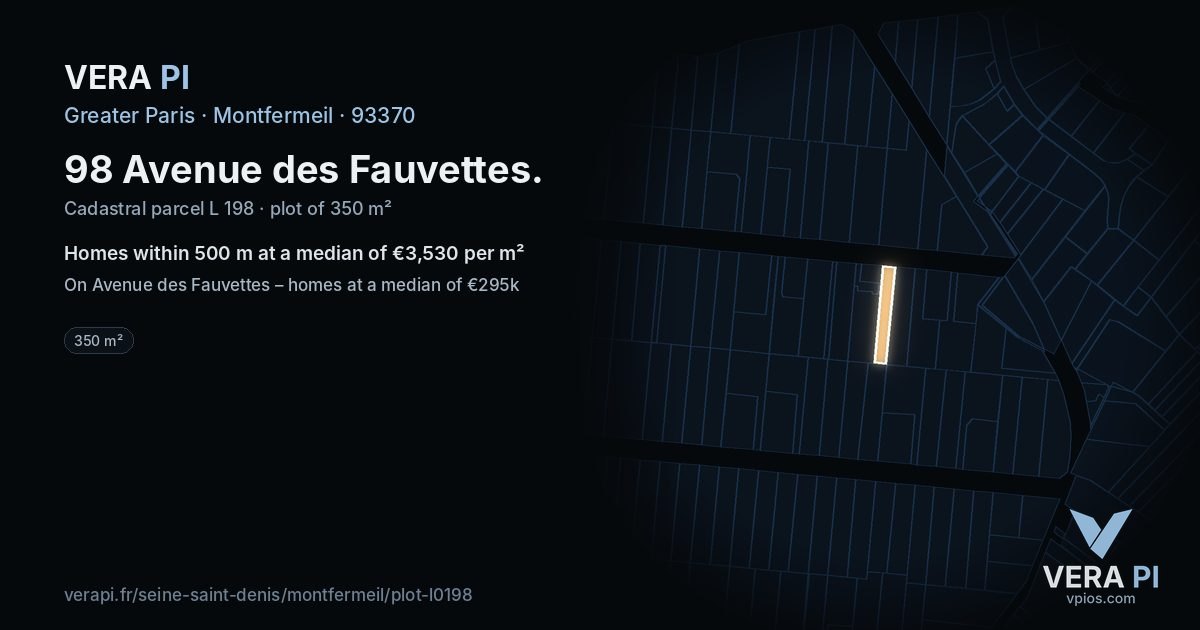 98 Avenue des Fauvettes, Montfermeil at night – the plot lit, the parcels around coloured by the prices near them