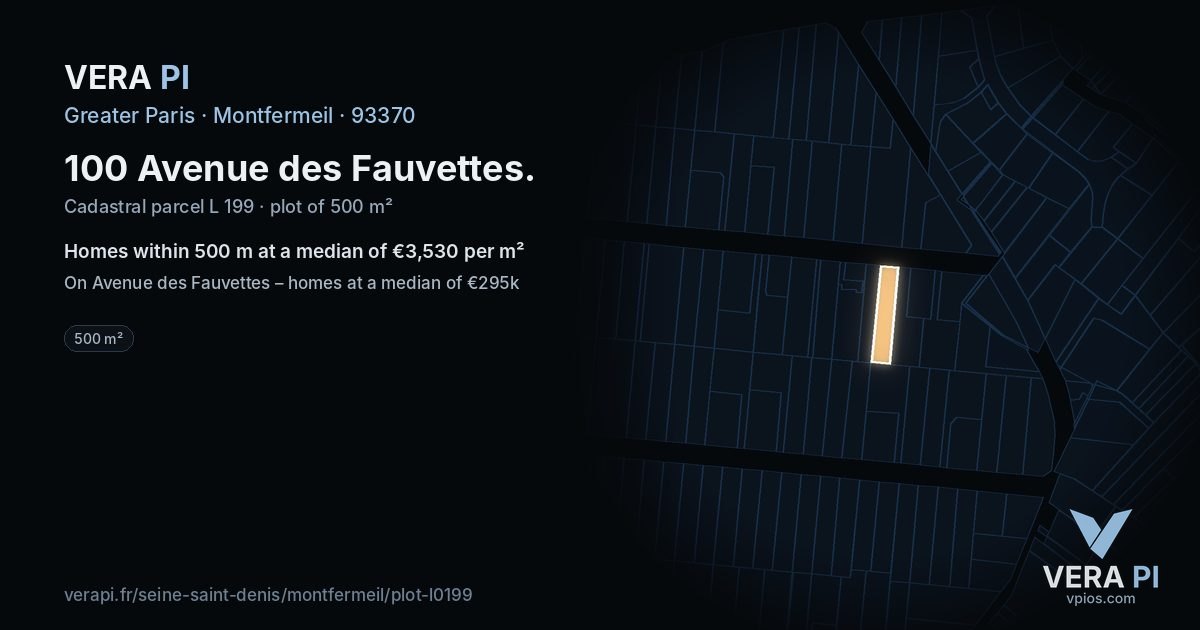 100 Avenue des Fauvettes, Montfermeil at night – the plot lit, the parcels around coloured by the prices near them