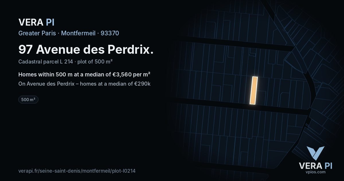 97 Avenue des Perdrix, Montfermeil at night – the plot lit, the parcels around coloured by the prices near them