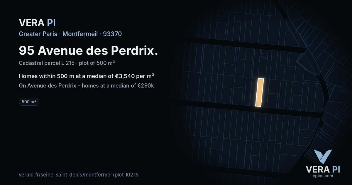 95 Avenue des Perdrix, Montfermeil at night – the plot lit, the parcels around coloured by the prices near them