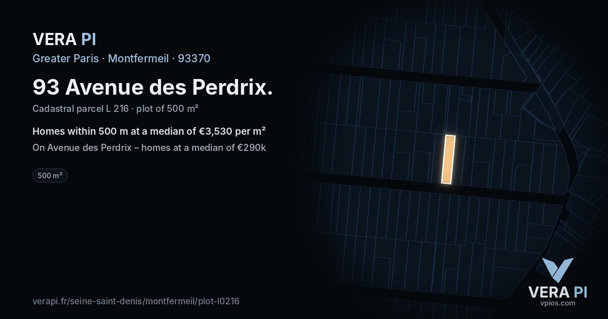 93 Avenue des Perdrix, Montfermeil at night – the plot lit, the parcels around coloured by the prices near them