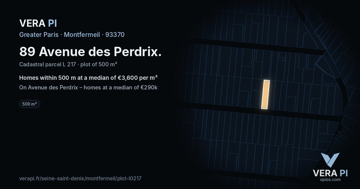 89 Avenue des Perdrix, Montfermeil at night – the plot lit, the parcels around coloured by the prices near them