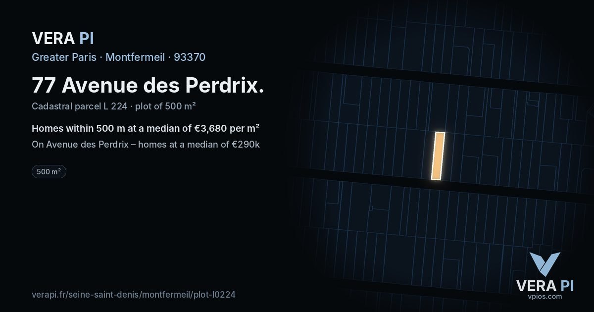 77 Avenue des Perdrix, Montfermeil at night – the plot lit, the parcels around coloured by the prices near them