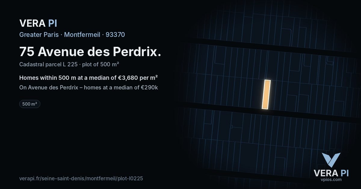75 Avenue des Perdrix, Montfermeil at night – the plot lit, the parcels around coloured by the prices near them
