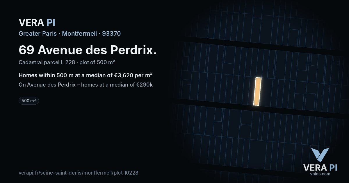 69 Avenue des Perdrix, Montfermeil at night – the plot lit, the parcels around coloured by the prices near them