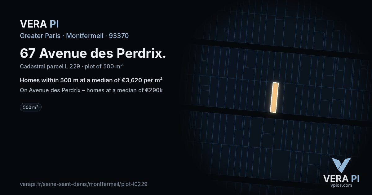 67 Avenue des Perdrix, Montfermeil at night – the plot lit, the parcels around coloured by the prices near them